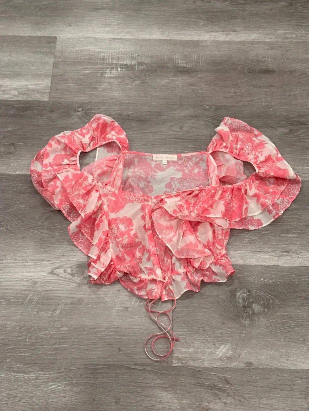 LoveShackFancy Molly Pink Floral Cropped Puff Sleeve Ruffle Silk Blouse XS